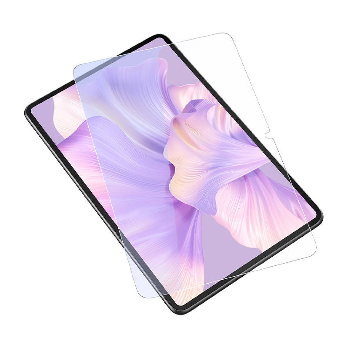 Un tablet con uno sfondo astratto e una pellicola protettiva trasparente sopra.