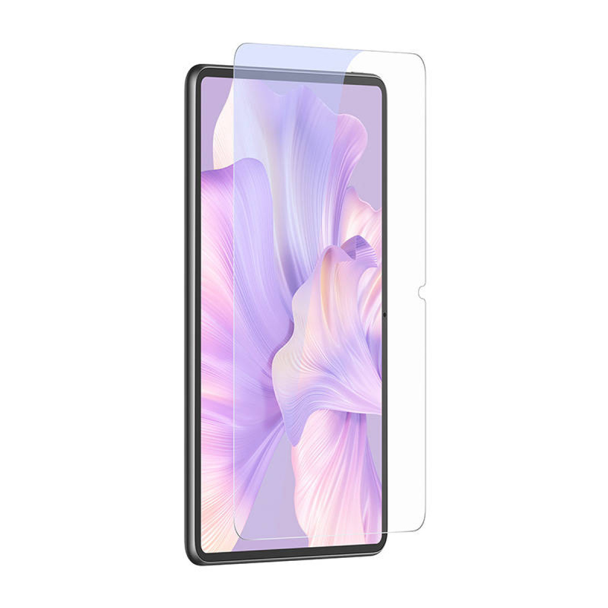Un tablet con sfondo viola brillante mostra una pellicola protettiva in vetro parzialmente sollevata.