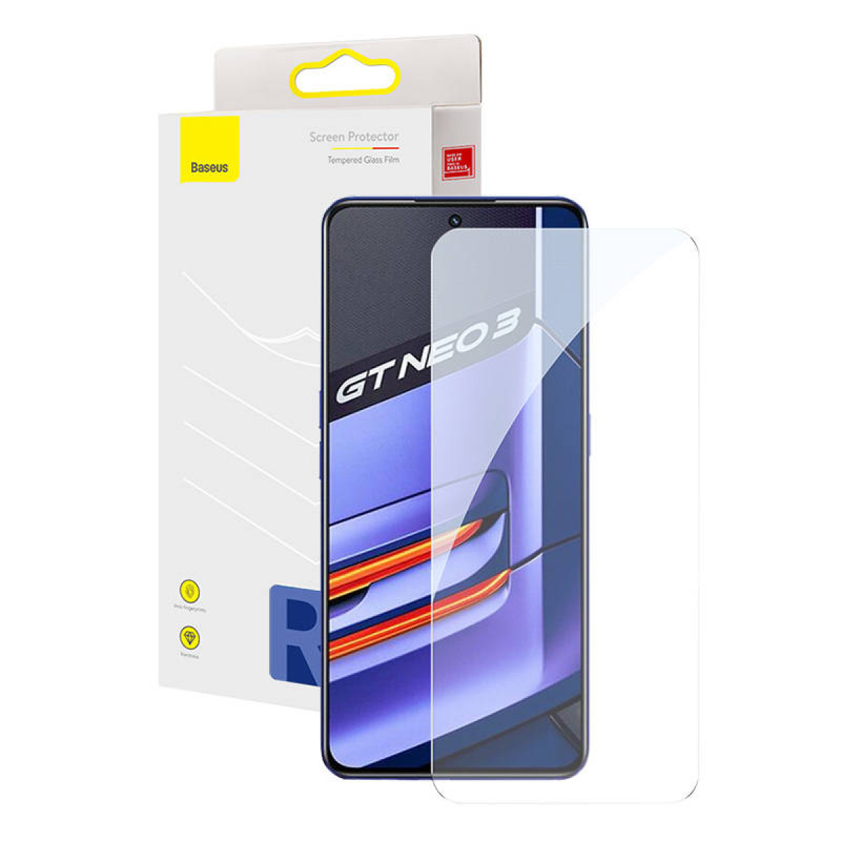 Pellicola protettiva in vetro temperato davanti a uno smartphone Baseus GT Neo 3 e scatola.
