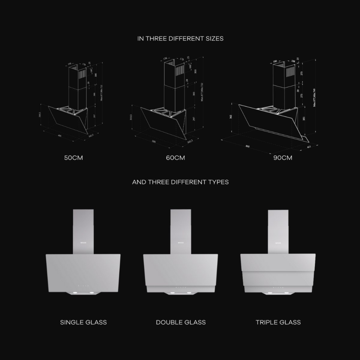 Diagram shows kitchen hoods in three sizes (50cm, 60cm, 90cm) and three glass types (single, double, triple).