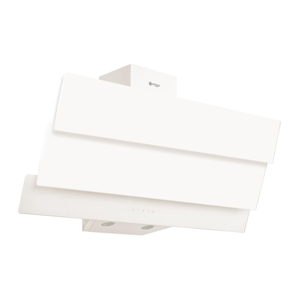 A white angled cooker hood with three layered glass panels, touch controls, and two built-in bottom lights.