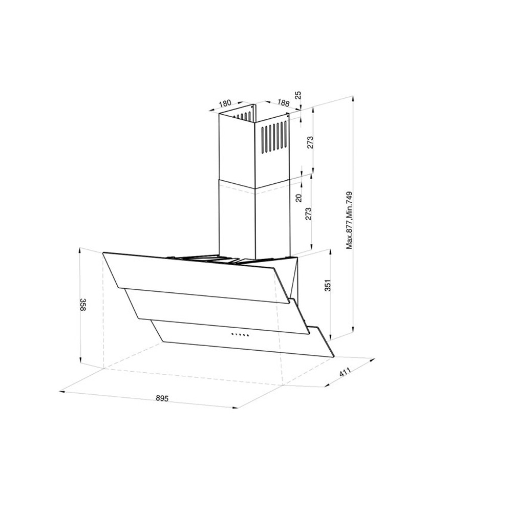 Technical drawing of a kitchen extractor hood with dimensions in millimeters.