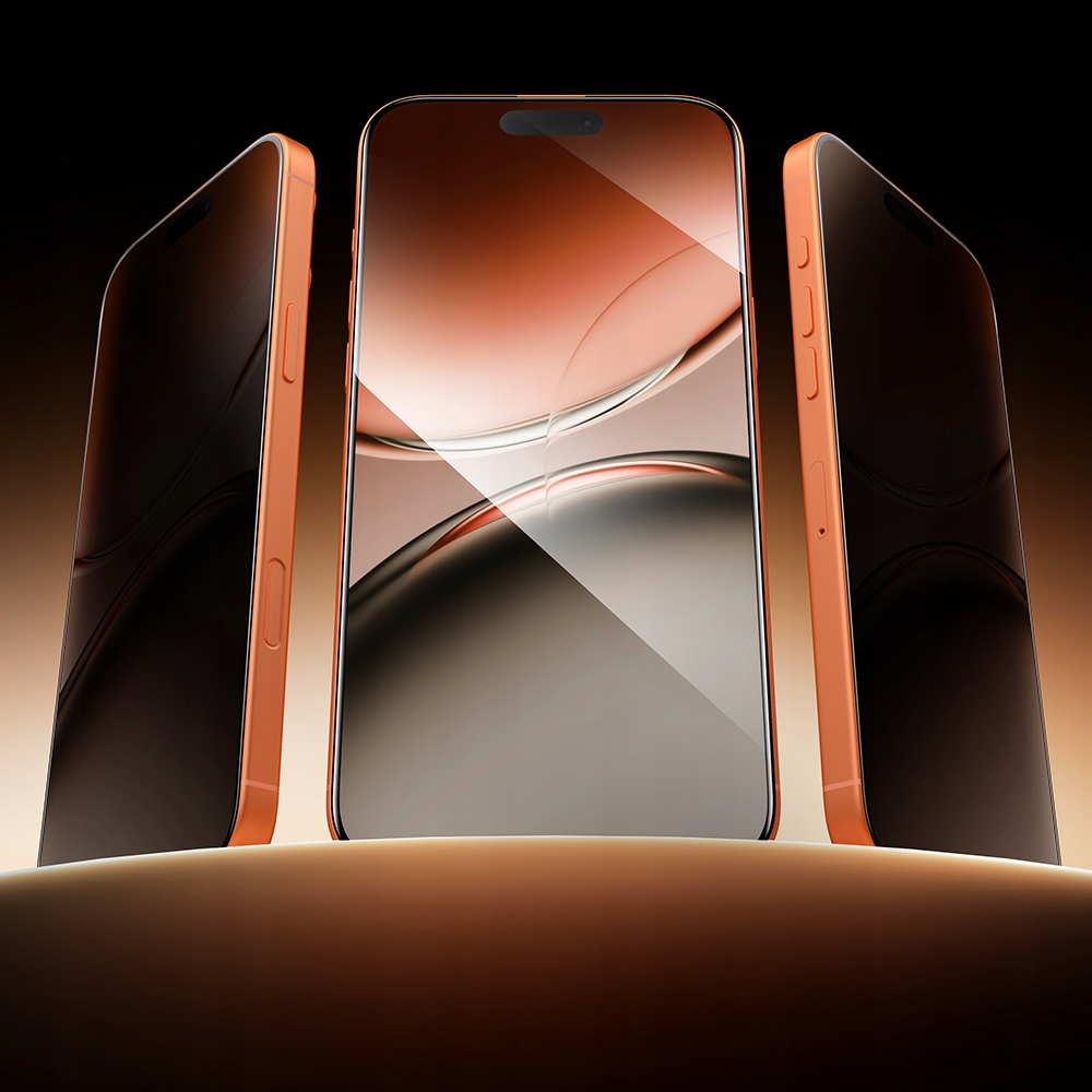 Tre smartphone con cornice arancione mostrano un design astratto su sfondo scuro.