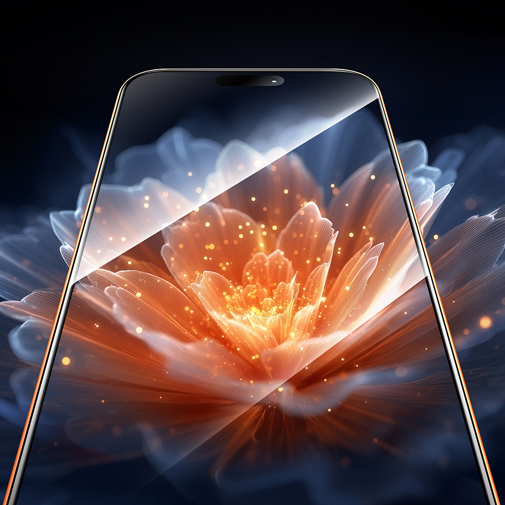 Schermo di uno smartphone con un fiore astratto luminoso arancione e blu con particelle dorate sullo sfondo.