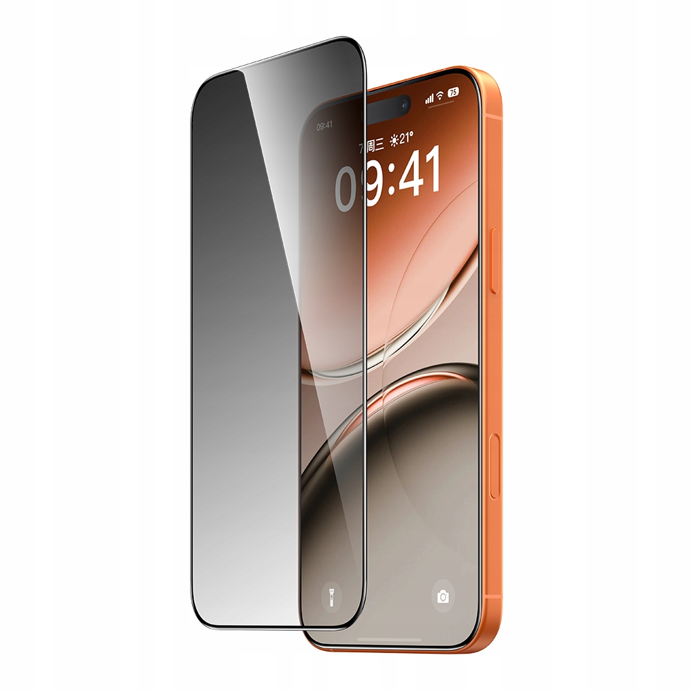 Uno smartphone arancione con una pellicola protettiva in vetro temperato leggermente davanti.