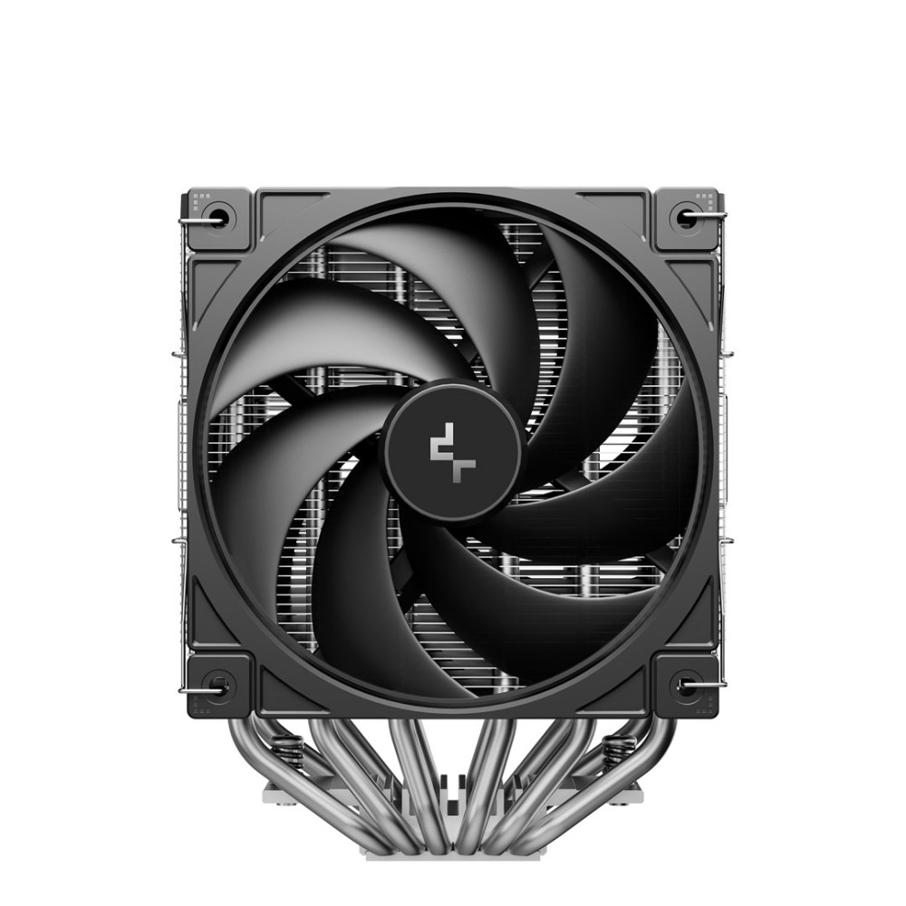 Czarny chłodz CPU ze srebrnymi finami i wygiętymi rurkami cieplnymi na białym tle.
