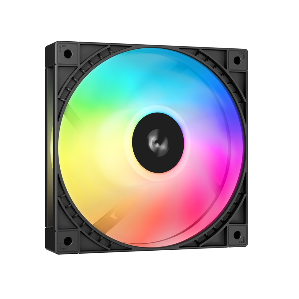 Kwadratowy czarny wentylator do komputera z żywym oświetleniem RGB w tęczowych kolorach wokół środka.