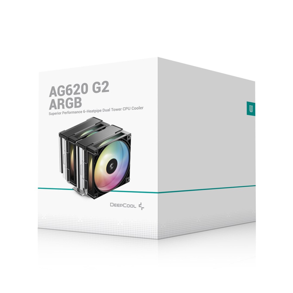 Pudełko produktu chłodzenia procesora DeepCool AG620 G2 ARGB ze zdjęciem chłodzenia z przodu.