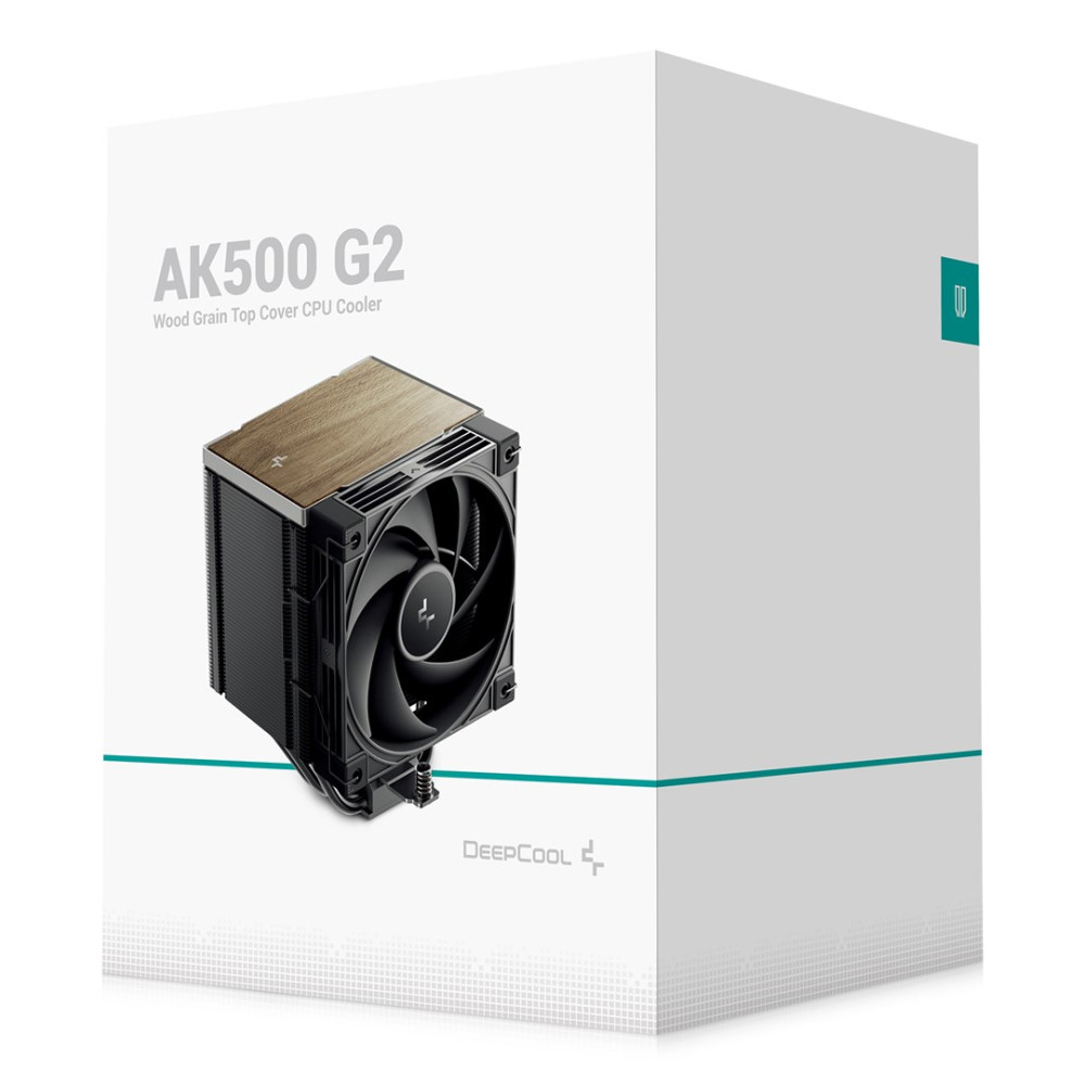 Pudełko chłodzenia CPU DeepCool AK500 G2 z drewnianą górną pokrywą.