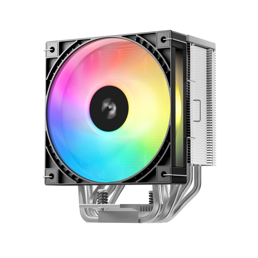 Chłodzenie procesora z kolorowym wentylatorem RGB i srebrnymi żebrami radiatora na białym tle.