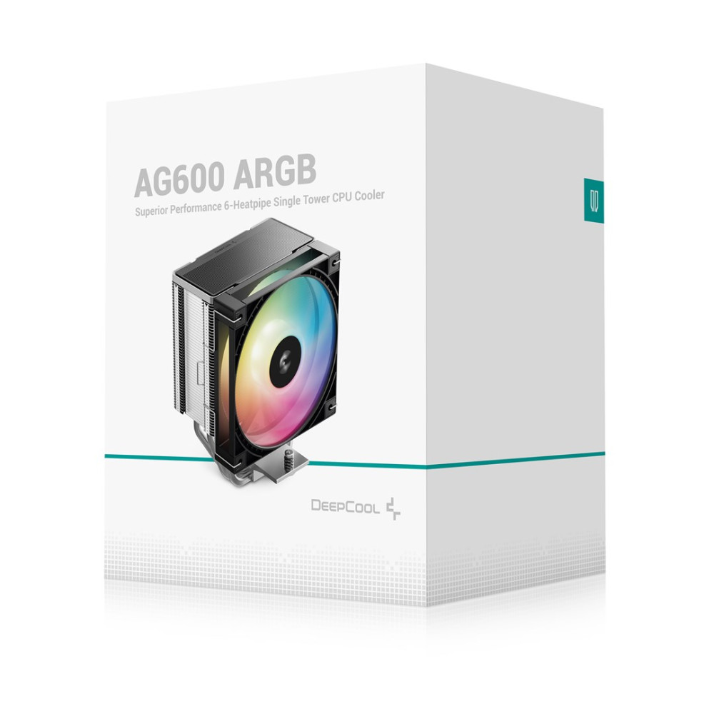 Opakowanie chłodzenia CPU DeepCool AG600 ARGB ze zdjęciem produktu i turkusowymi akcentami.