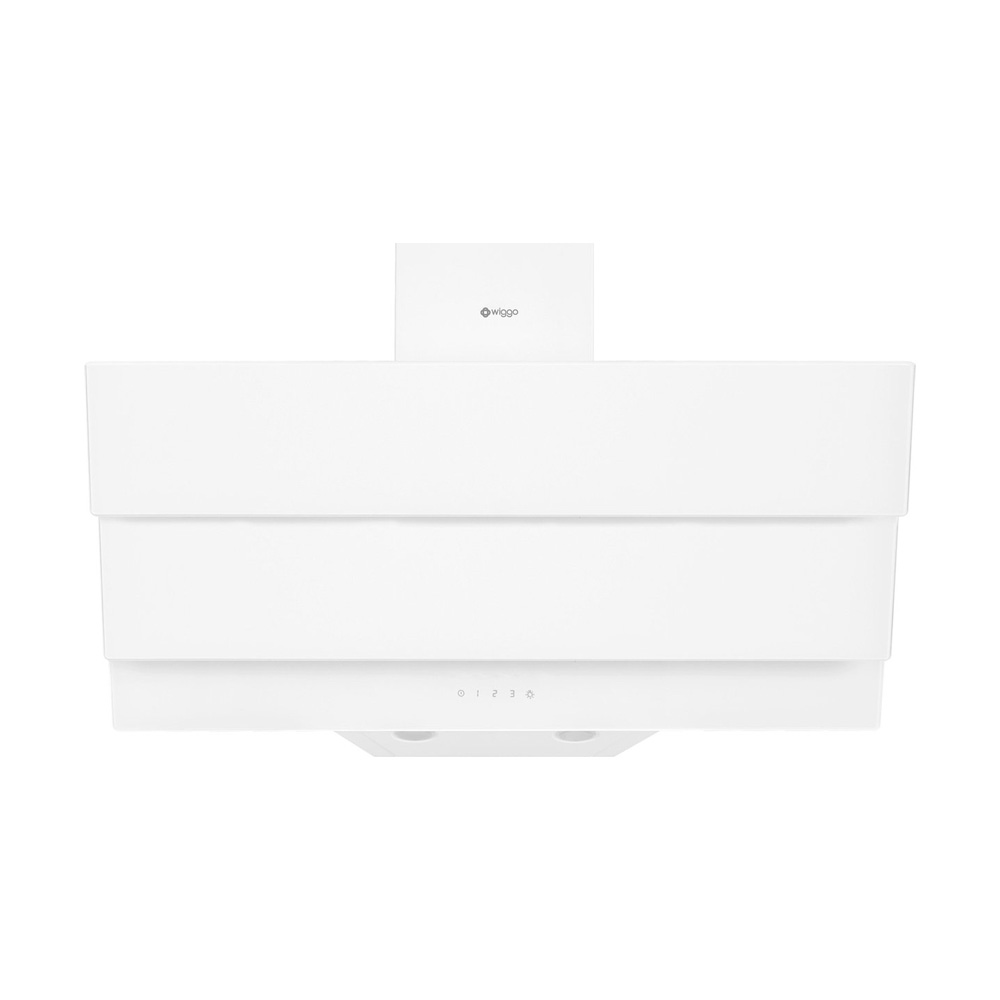 A modern white kitchen range hood with a layered design and touch control panel against a plain background.