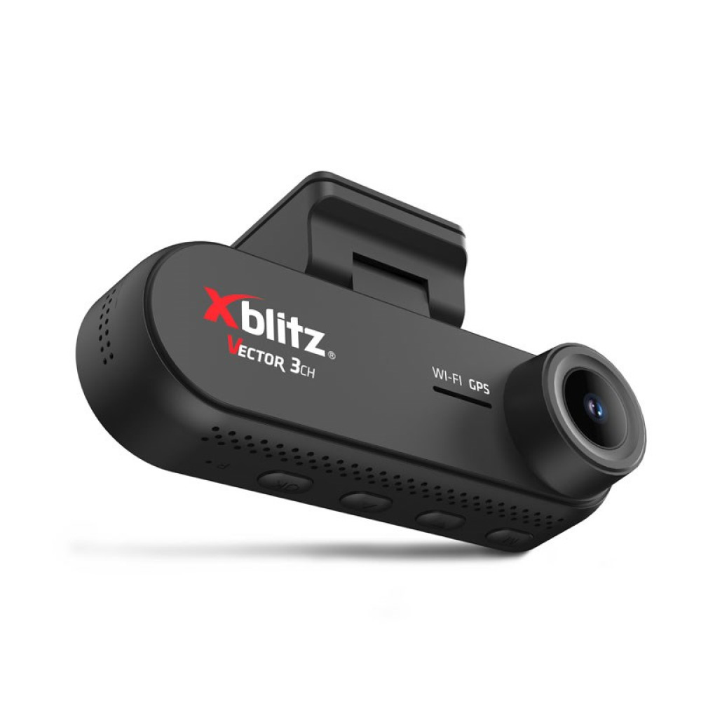 Czarna kamera samochodowa Xblitz Vector 3CH ze zintegrowanym obiektywem, WiFi i GPS na białym tle.