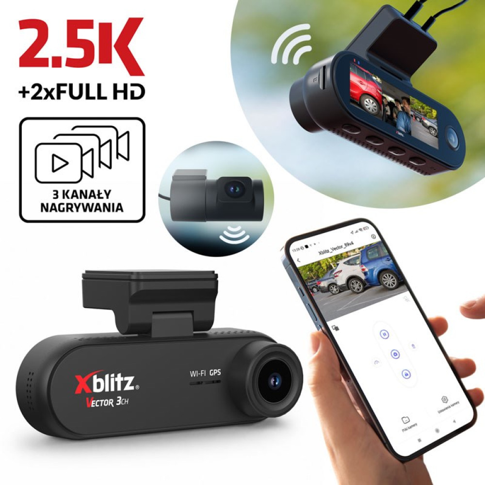 Czarna kamera samochodowa Xblitz z 3 kanałami, Wi-Fi, GPS i aplikacją mobilną.