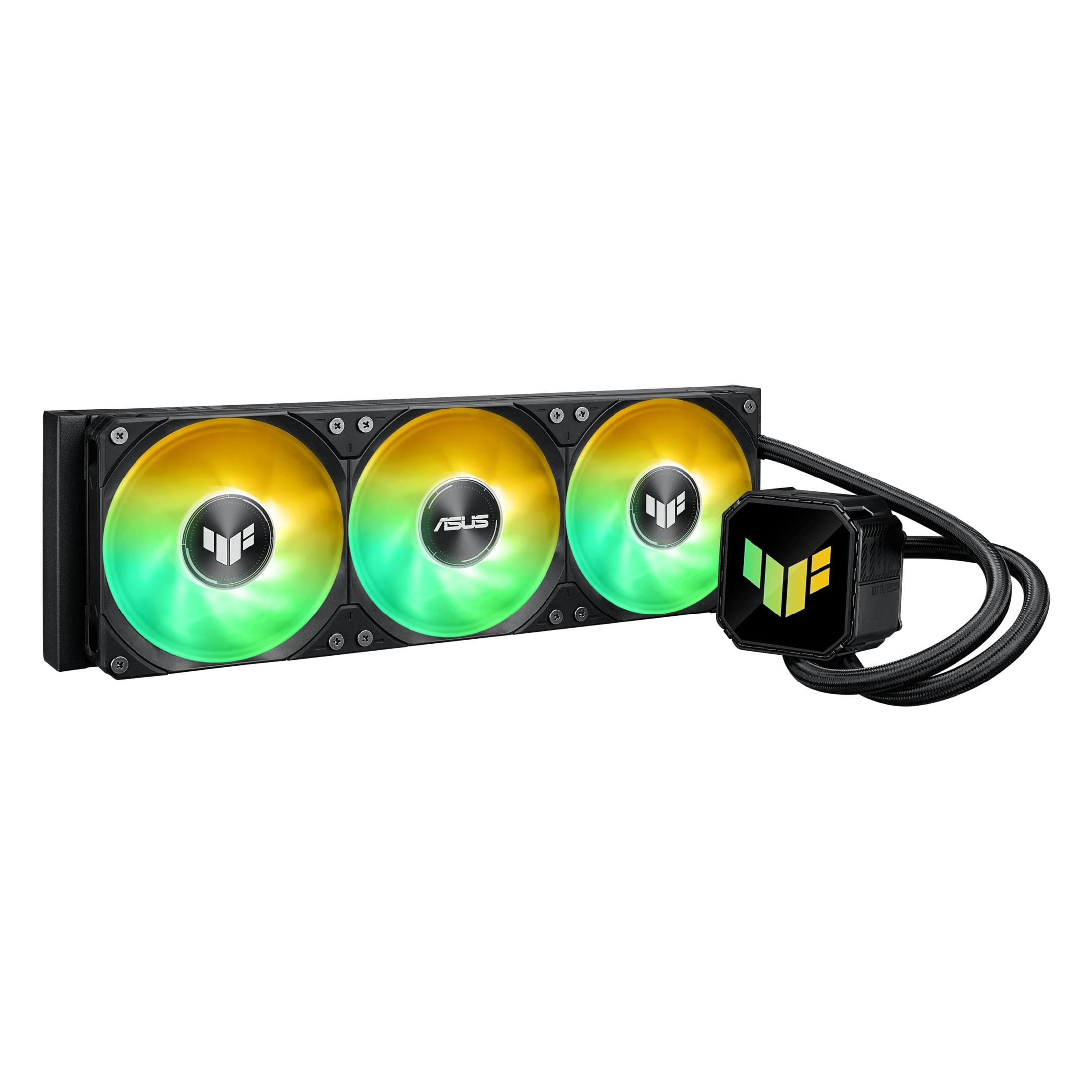 Chłodzenie wodne ASUS z czarnym radiatorem, trzema wentylatorami RGB i blokiem pompy.