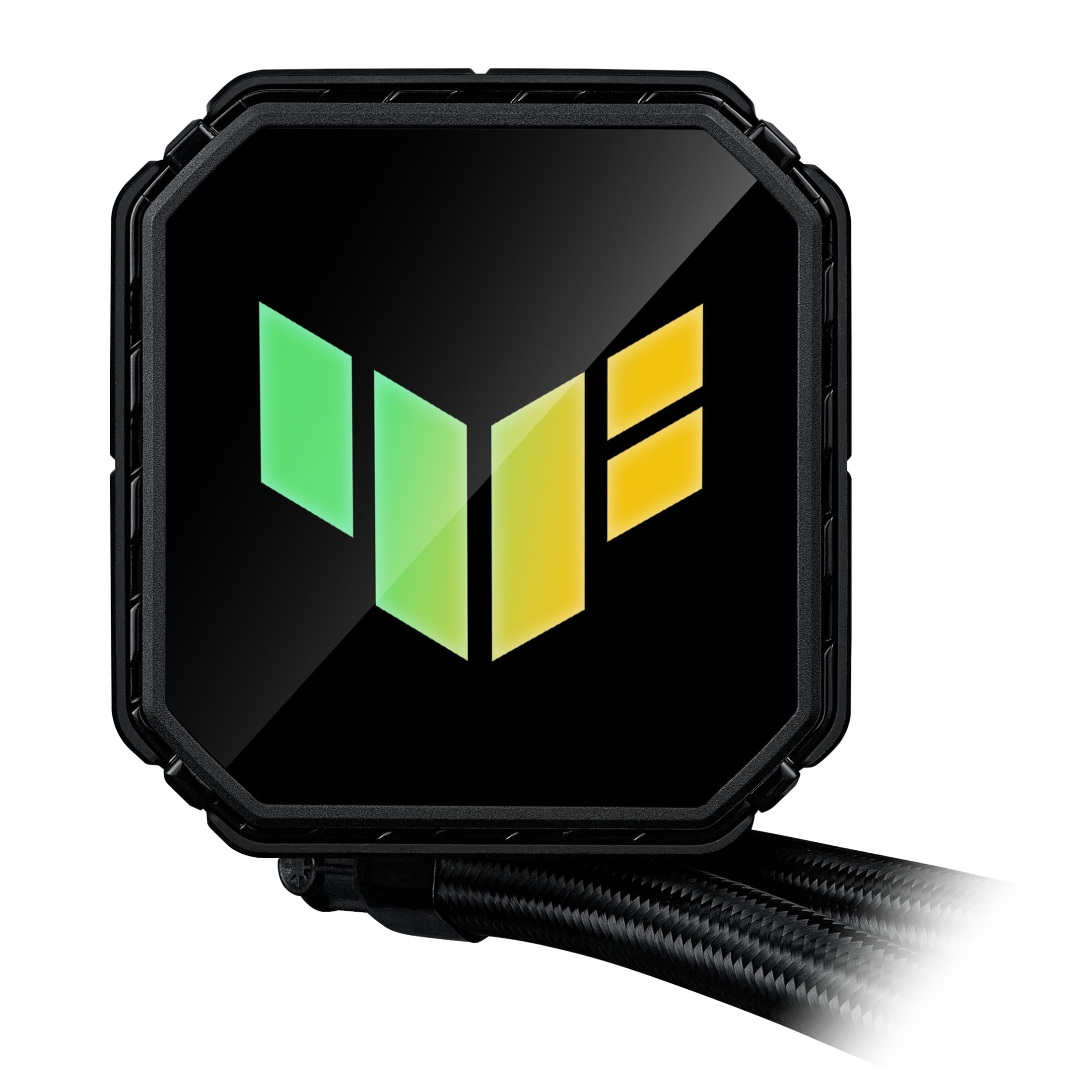 Czarna obudowa chłodzeni CPU z świecącym zielono-żółtym logo i podłączonymi rurkami.