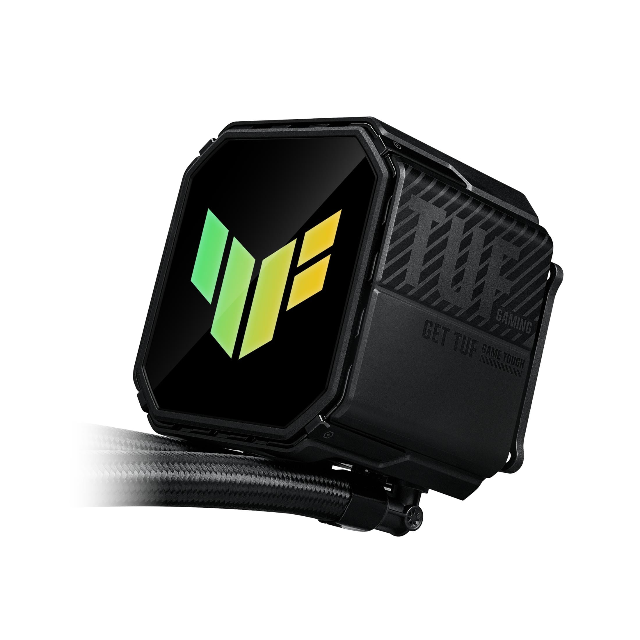 Czarny wodny chłodziacz CPU TUF Gaming z logo RGB i wężami na białym tle.