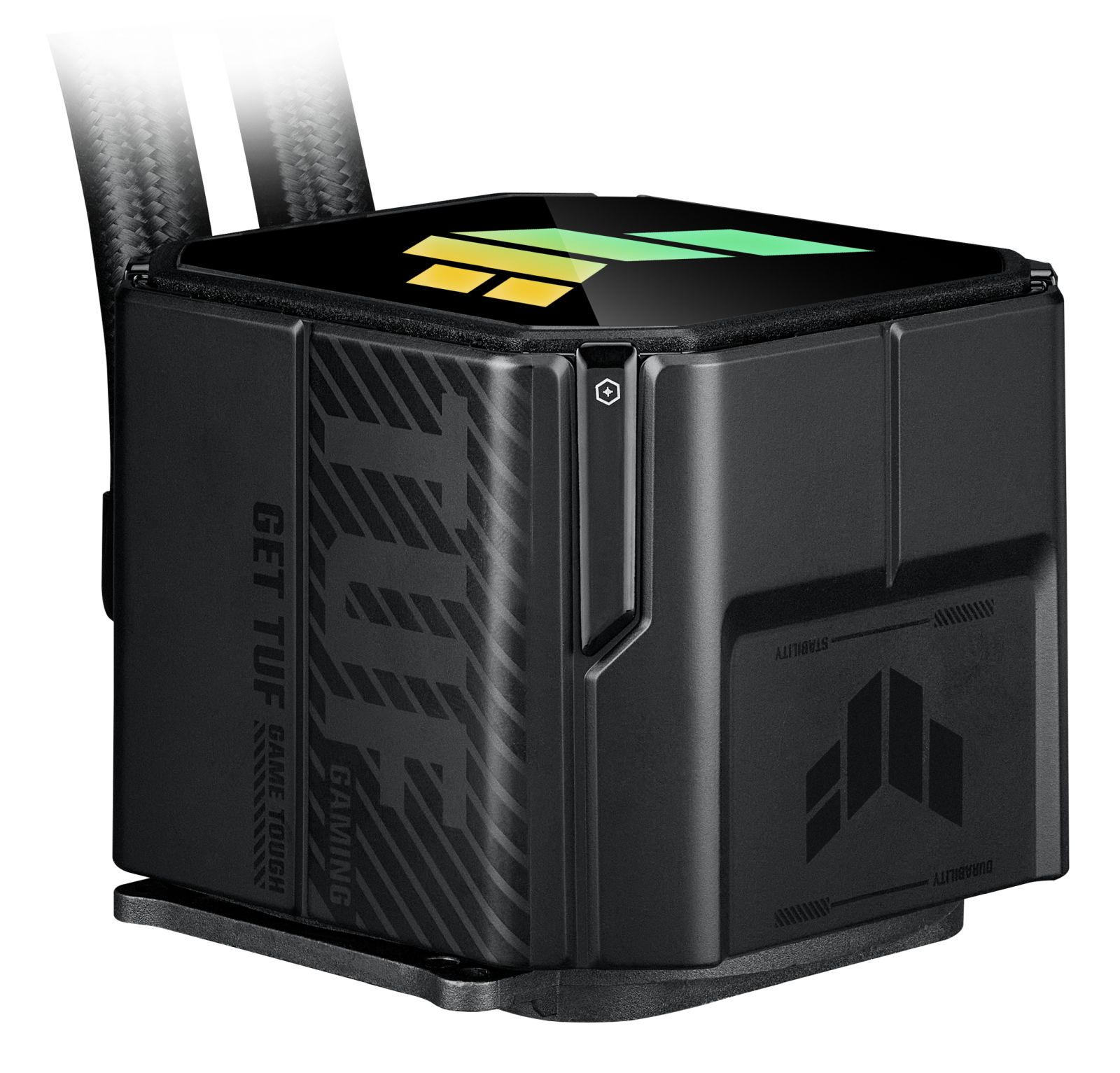Czarny chłodnik cieczowy CPU TUF Gaming z logo RGB i dwoma wplatanymi rurkami na białym tle.
