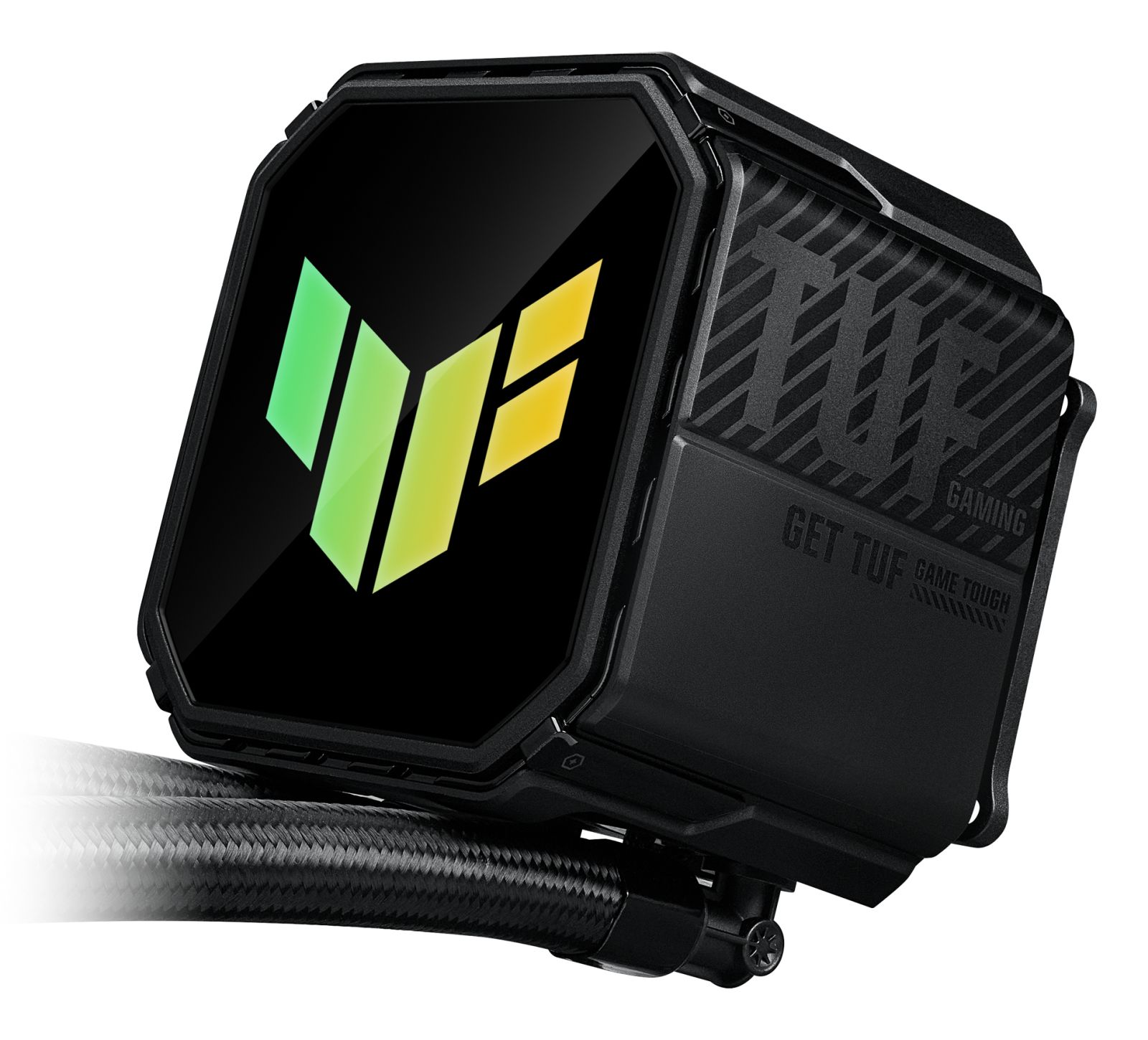 Czarny blok chłodzenia CPU TUF Gaming z podświetlanym logo i wplecionymi wężami.