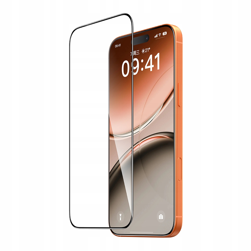 Uno smartphone arancione con una protezione per lo schermo in vetro davanti.