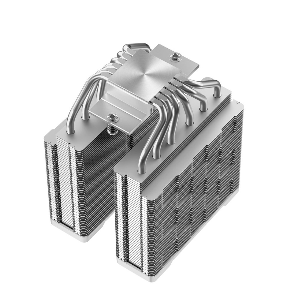 Srebrny cooler CPU z dwiema wieżami finów i wygiętymi rurkami cieplnymi.
