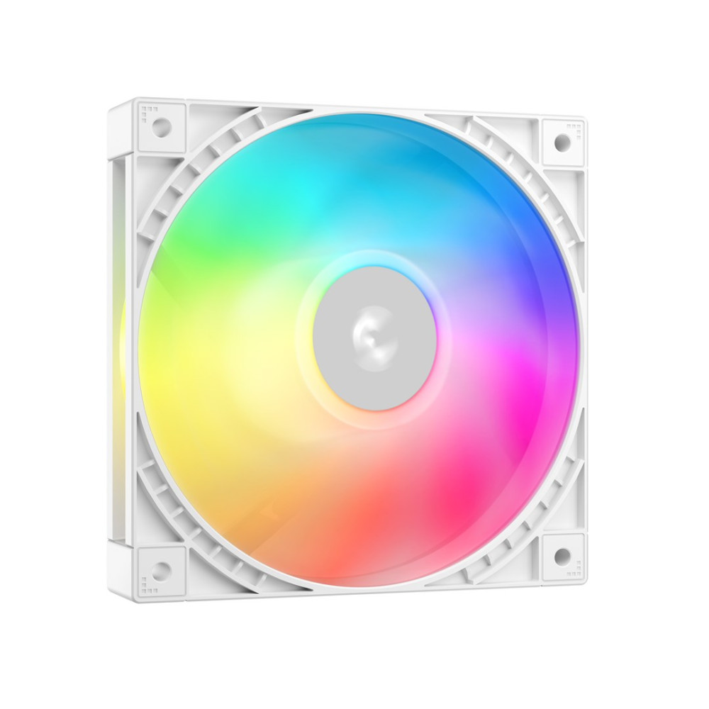 Biały wentylator do obudowy komputera z żywym oświetleniem RGB na łopatkach.