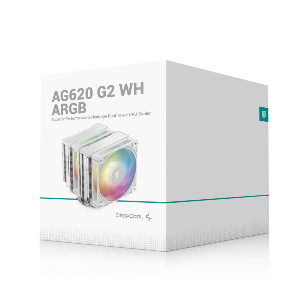 Biale pudelko na chlodzenie procesora DeepCool AG620 G2 WH ARGB z kolorowa grafika wentylatora.