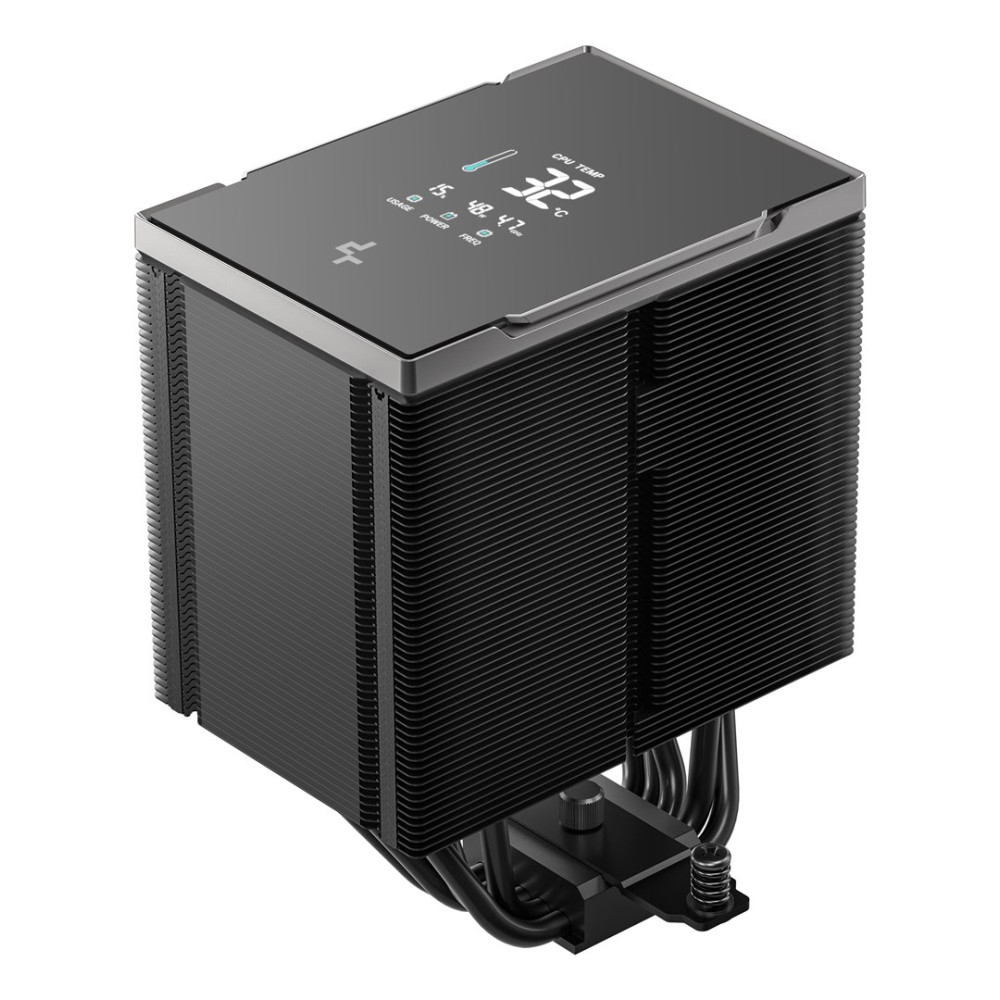 Czarny cooler CPU z finami, rurkami cieplnymi i wyświetlaczem cyfrowym na górze.