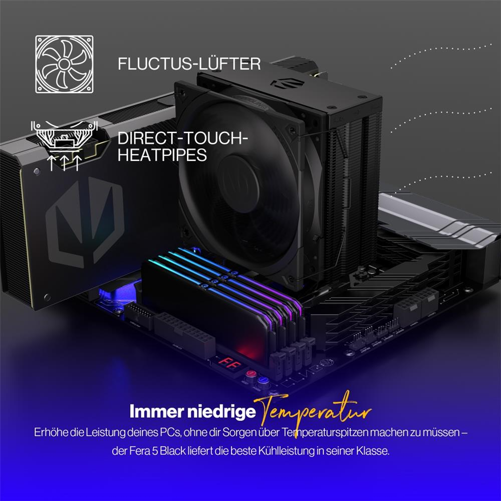 Czarny chłodzes CPU na płycie głównej z pamięcią RAM RGB, obok etykiet wyjaśniających wentylatory i rurki cieplne.