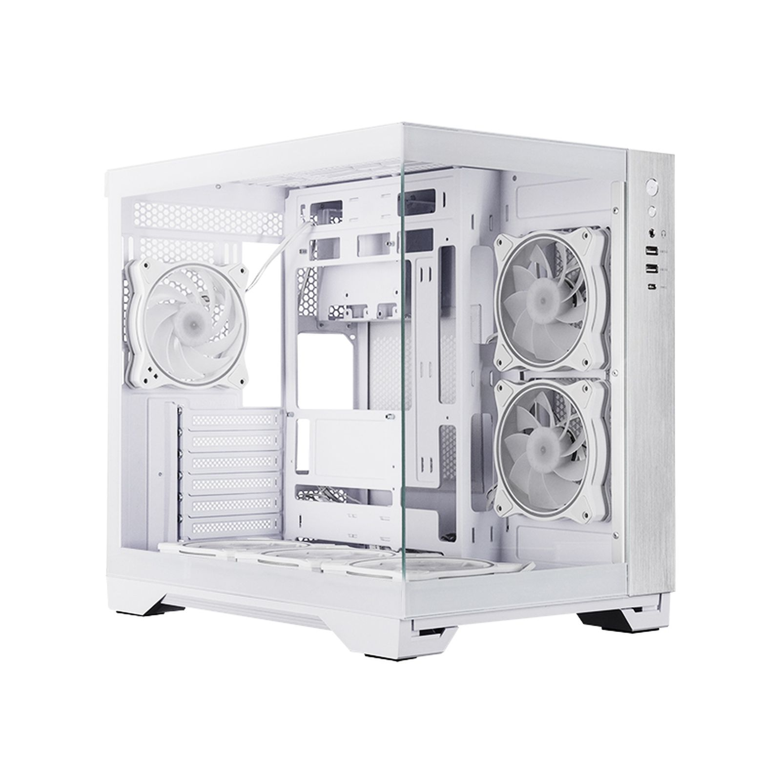 Un case per PC bianco vuoto con tre ventole visibili e fronte in vetro su sfondo bianco.