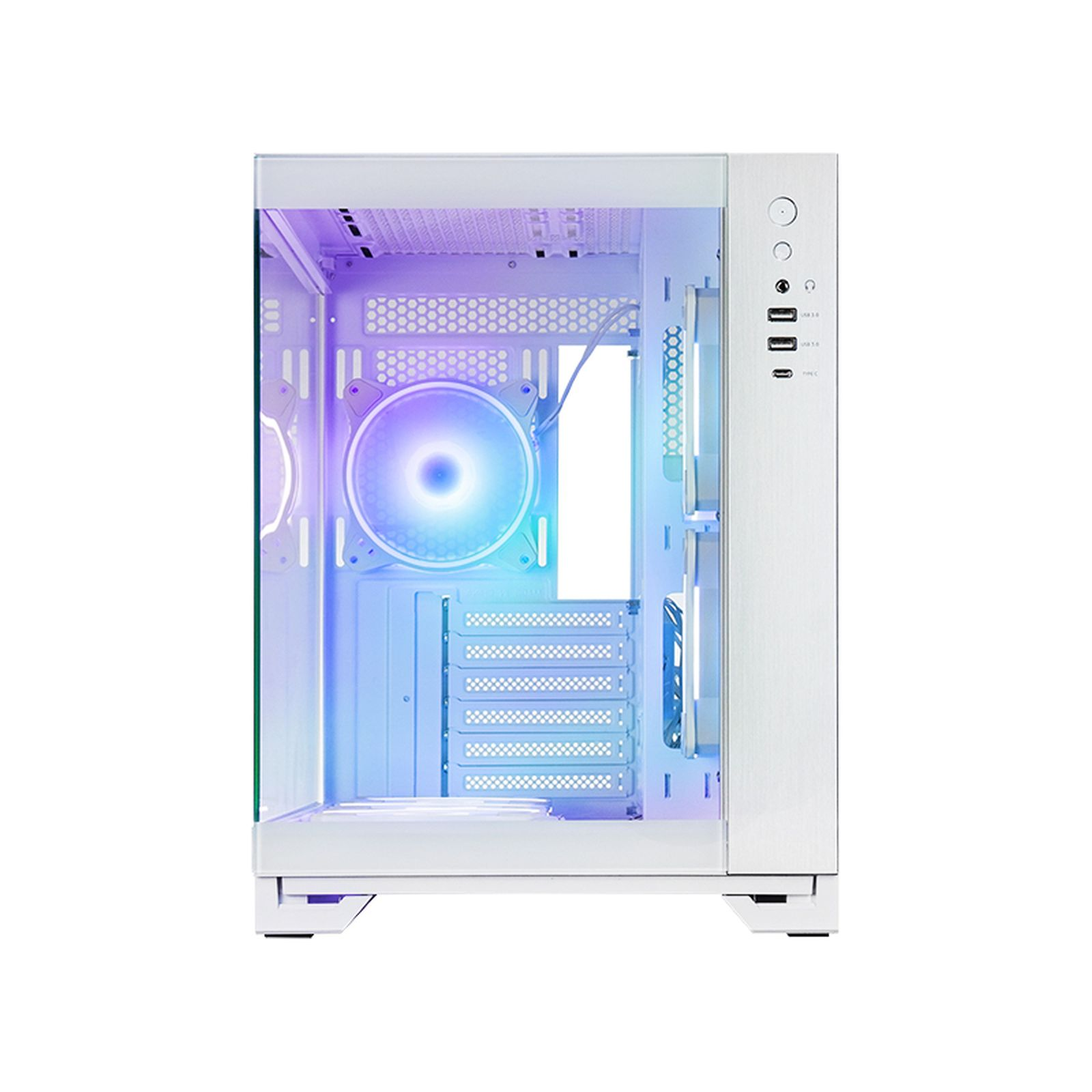Un case per PC bianco con pannello in vetro e illuminazione RGB blu-viola.