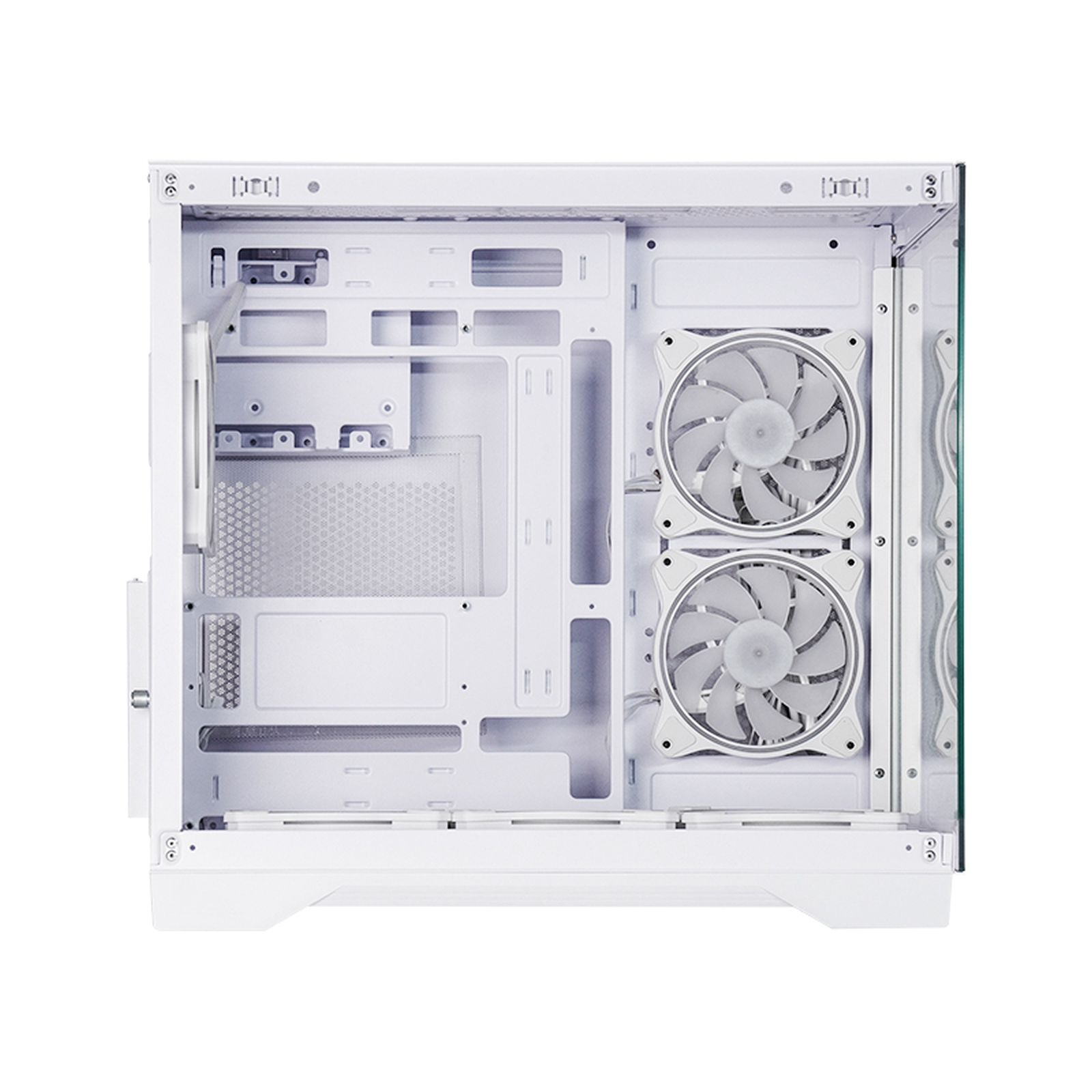 L'interno di un case per PC bianco vuoto con due ventole preinstallate a destra.