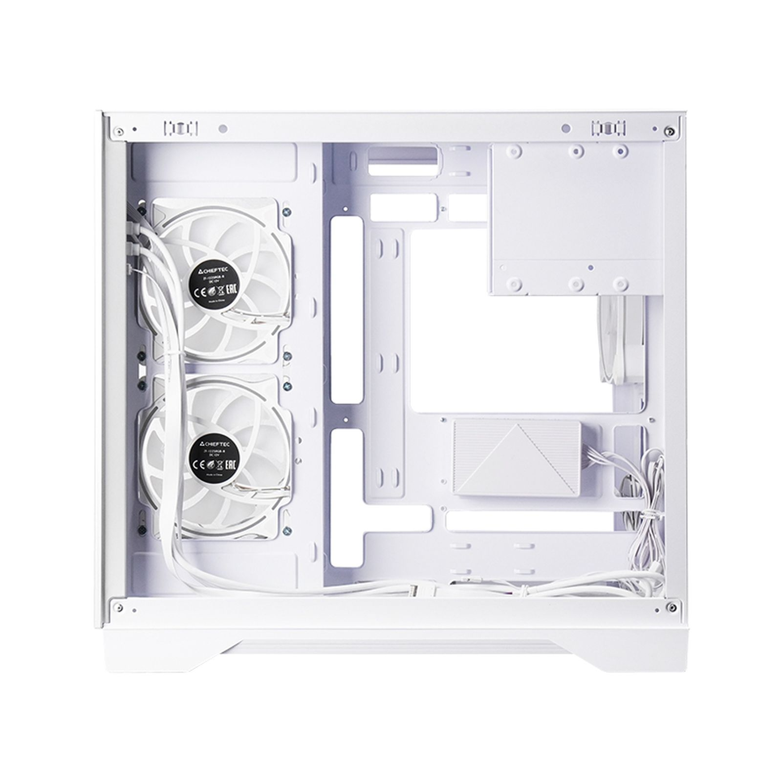 Un case per computer bianco con due ventole preinstallate a sinistra e cavi ordinatamente disposti.