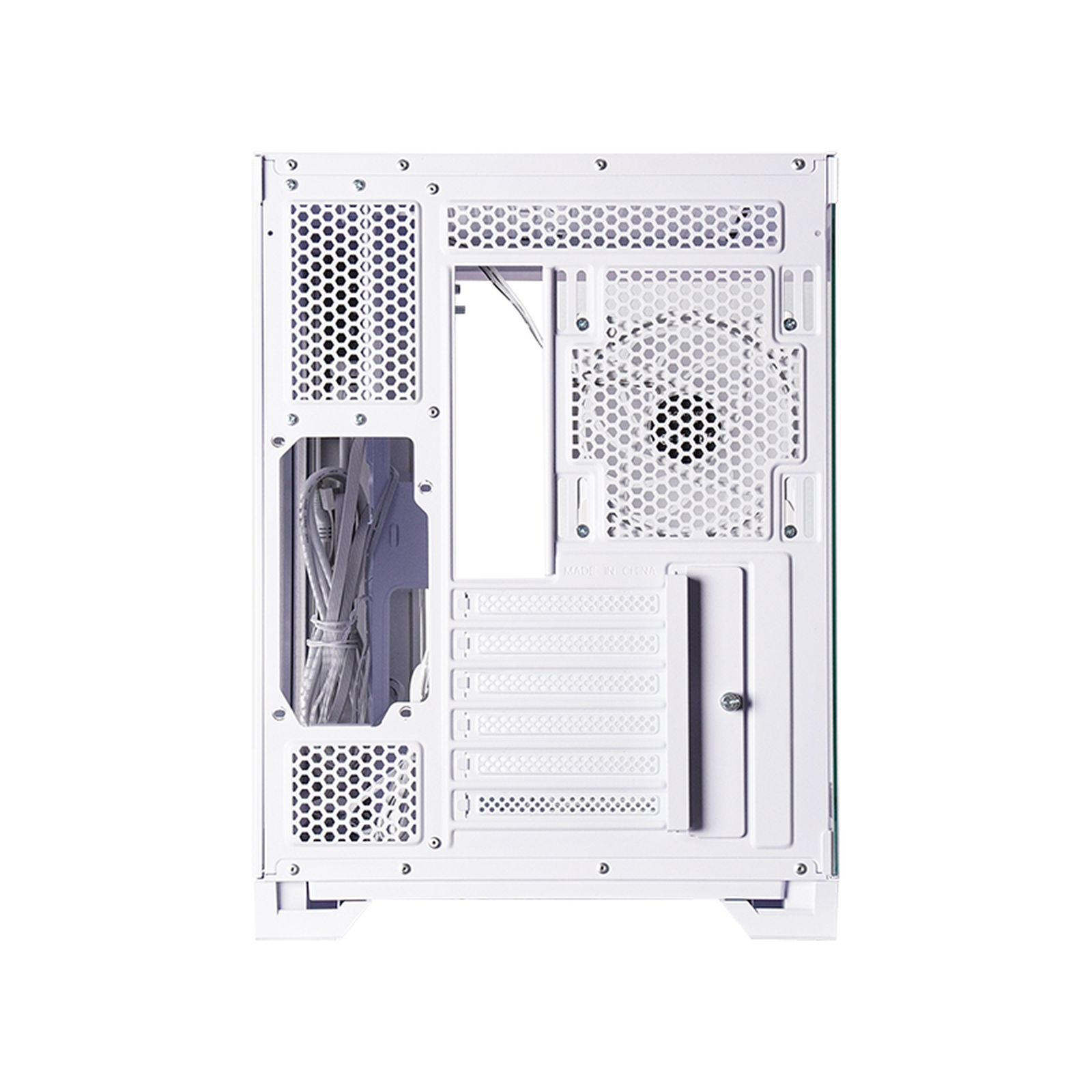 Vista posteriore di un case per PC bianco con griglie di ventilazione, ventola e cavi.