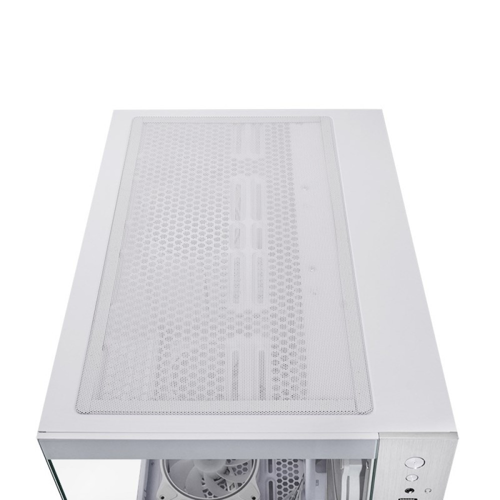 Vista dall'alto di un case per PC bianco con una grande griglia di ventilazione, sfondo bianco.