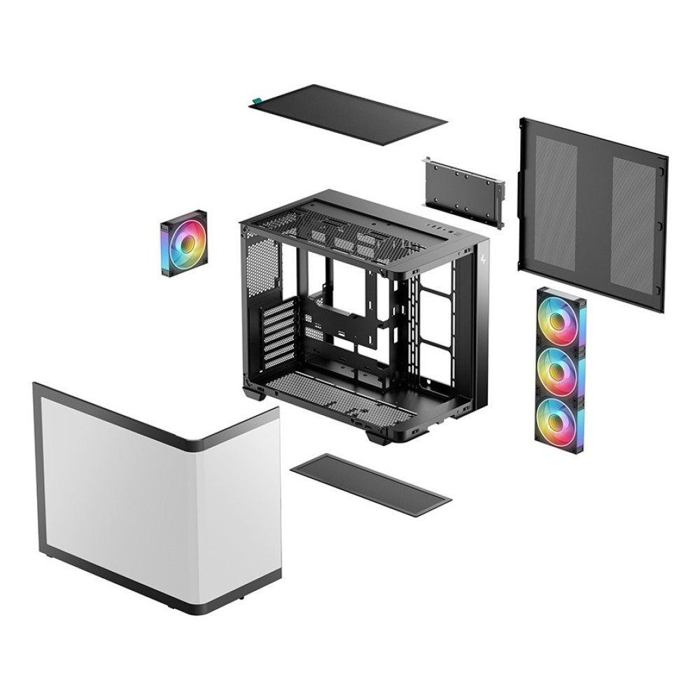 Widok rozstrzelony czarnej obudowy PC z panelami, filtrami i wentylatorami RGB.