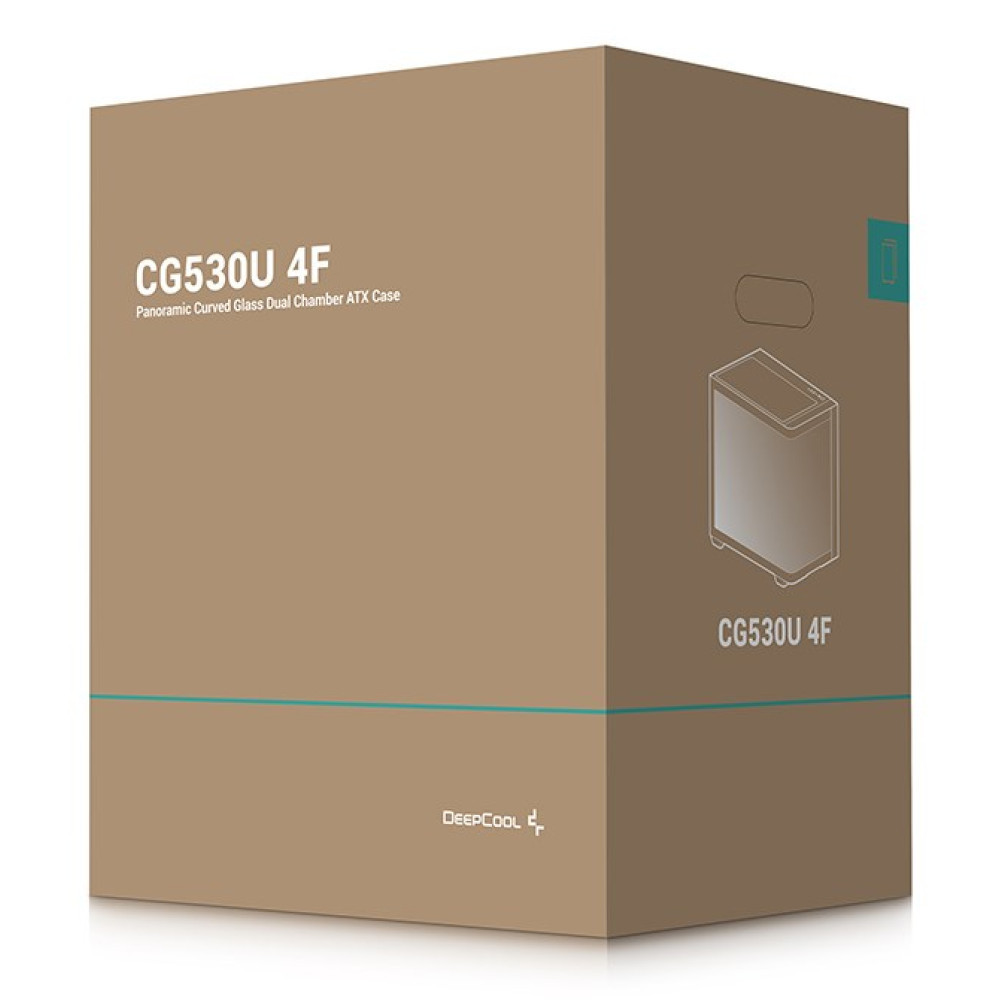 Brązowe pudełko produktu na obudowę ATX CG530U 4F z napisem i turkusowymi akcentami.