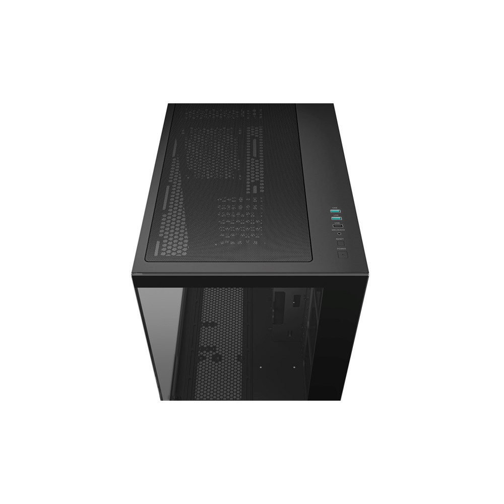 Widok z góry na czarną obudowę komputera z siatkowym panelem górnym i portami USB.