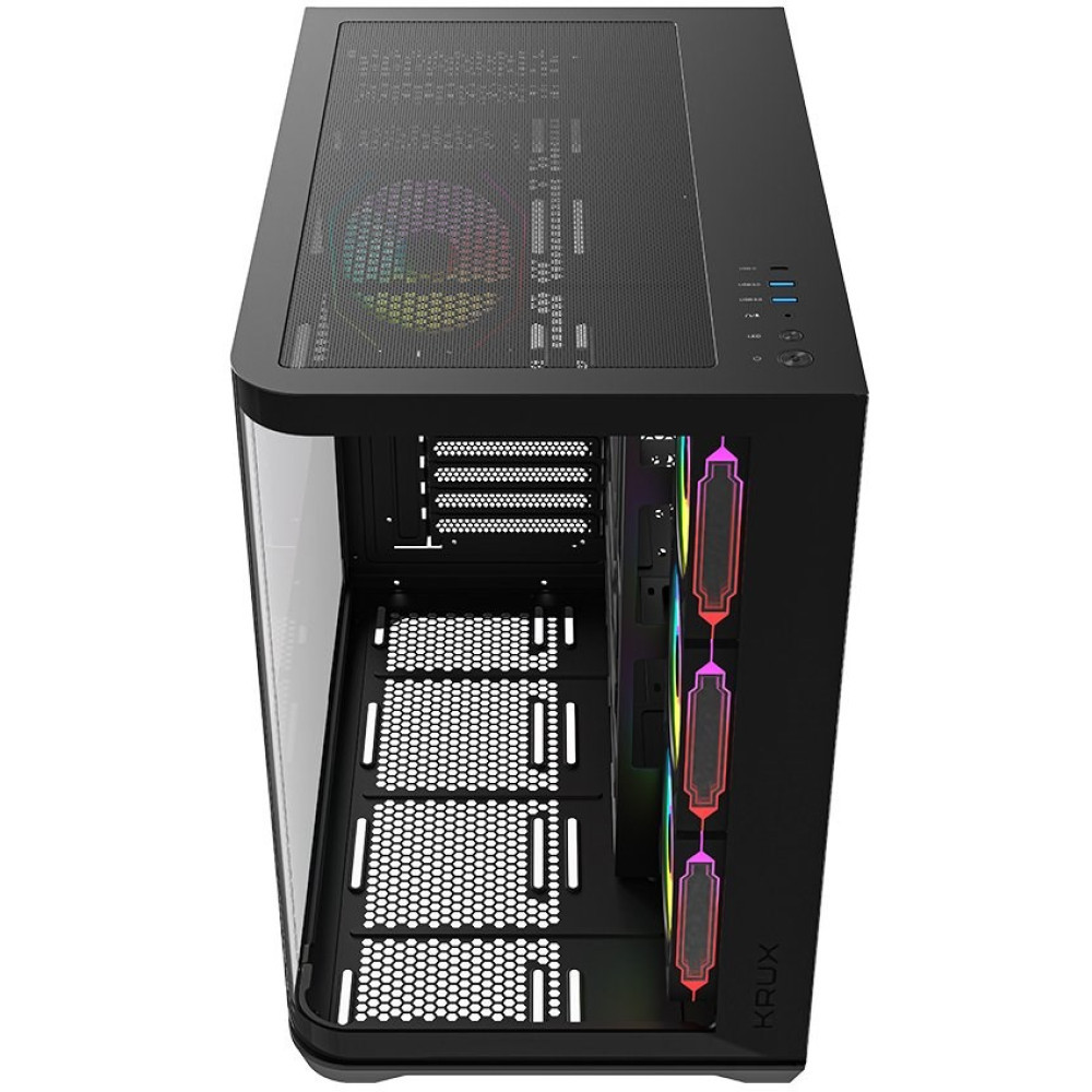 Czarna obudowa komputera z siatkowana gora, wentylatorami RGB i szklanym bokiem.