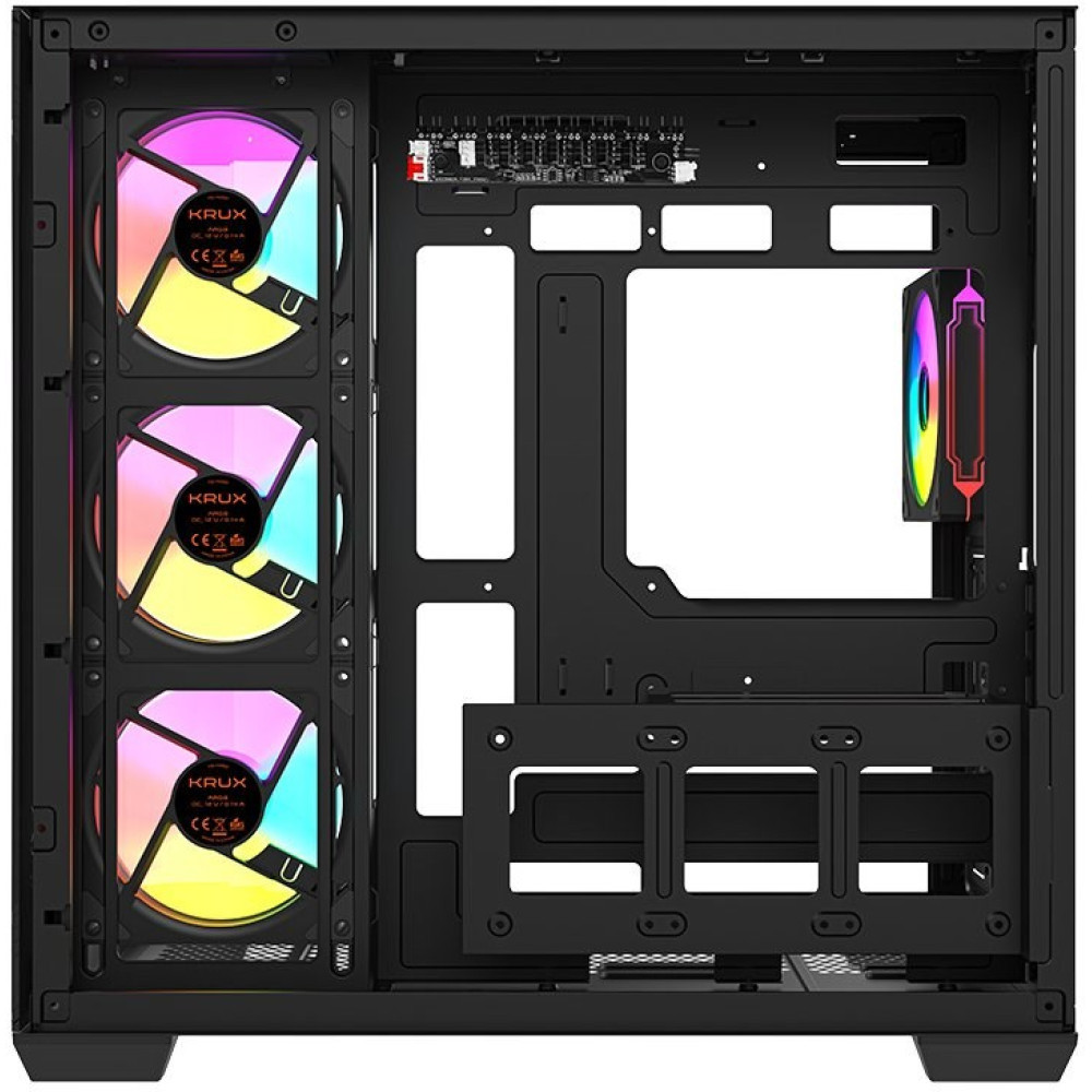 Czarna obudowa komputera z trzema podświetlanymi wentylatorami RGB z przodu i jednym z tyłu.