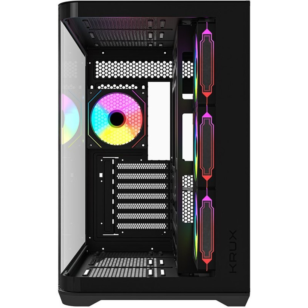 Czarna obudowa komputera ze szklanym frontem i kolorowymi wentylatorami RGB z tyłu i z boku.