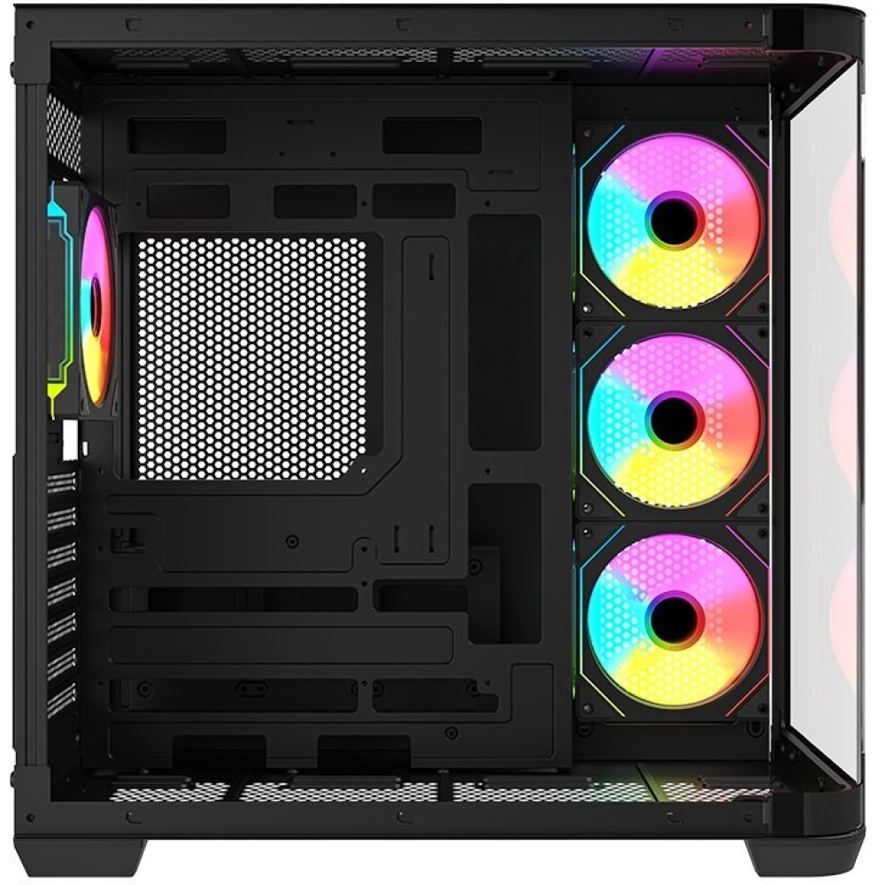 Wnętrze czarnej obudowy PC z trzema wentylatorami RGB po prawej i jednym z tyłu.