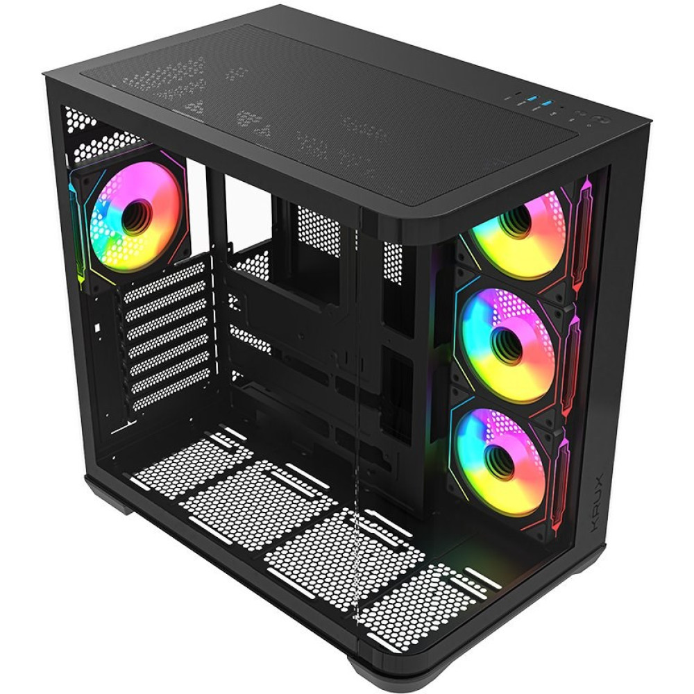 Czarna obudowa komputera z kolorowymi wentylatorami RGB i szklanym bokiem.