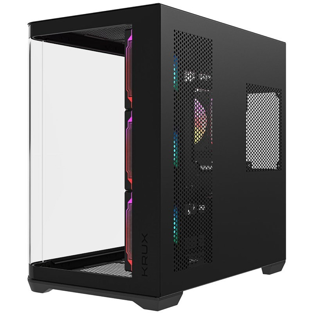 Czarna obudowa komputera ze szklanym frontem i kolorowymi wentylatorami RGB.