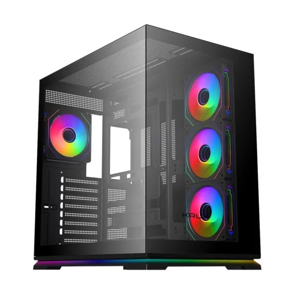 Czarna obudowa komputerowa z szklanymi panelami i czterema wentylatorami RGB.