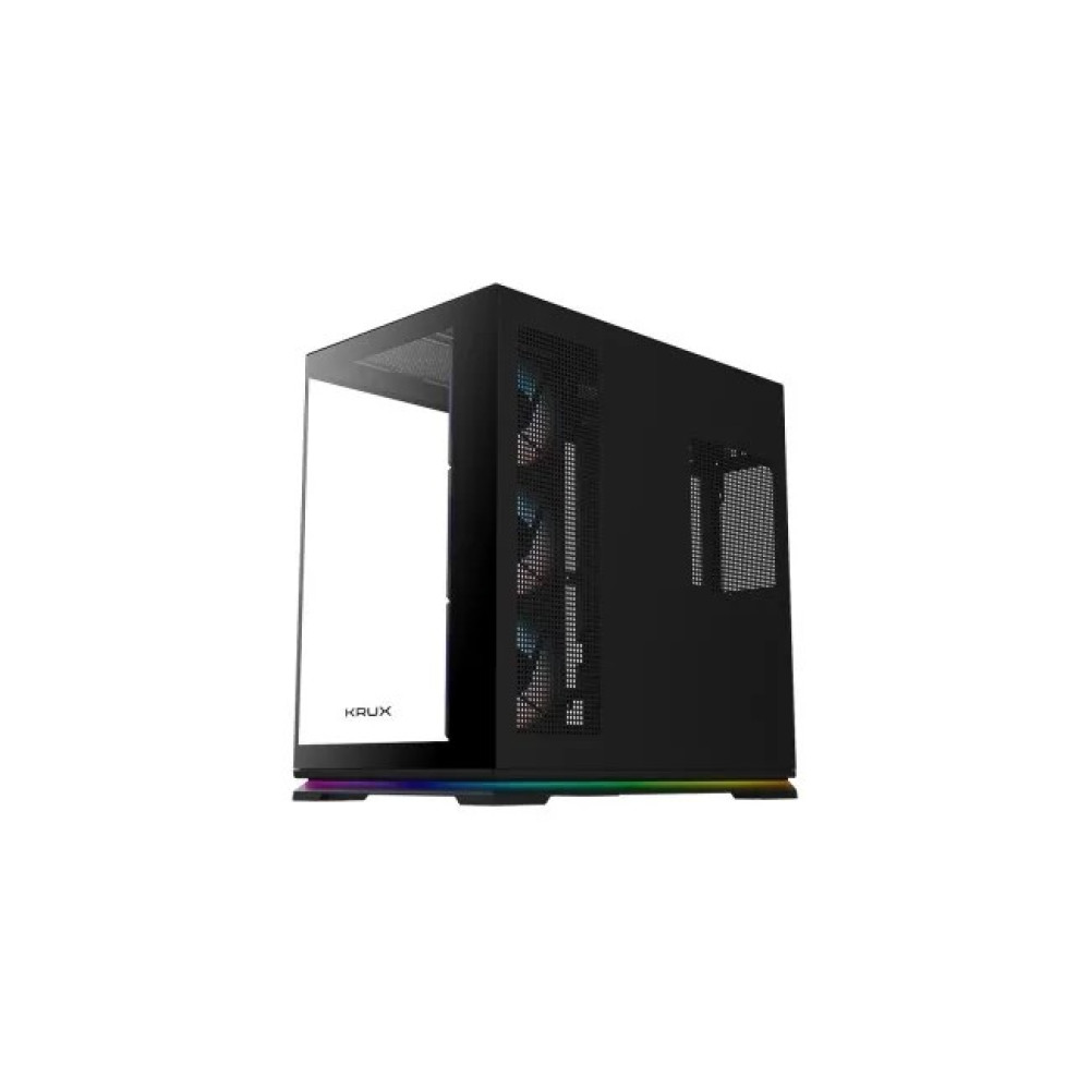 Czarna obudowa komputera ze szklanym panelem bocznym, siatką i oświetleniem RGB na dole.