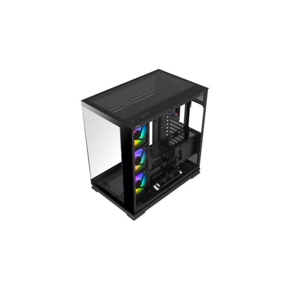 Czarna obudowa PC ze szklanym frontem i trzema wentylatorami RGB na białym tle.
