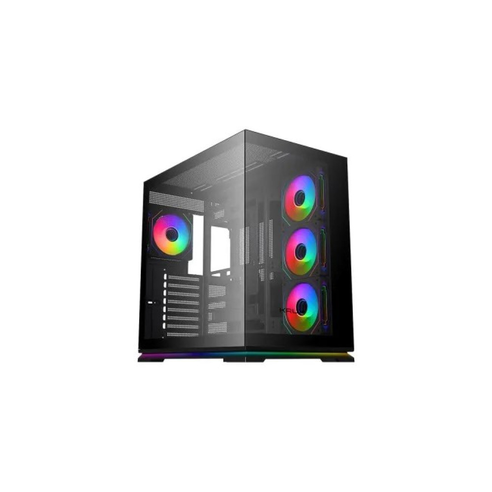 Czarna obudowa komputera ze szklanym frontem i kolorowymi wentylatorami RGB.