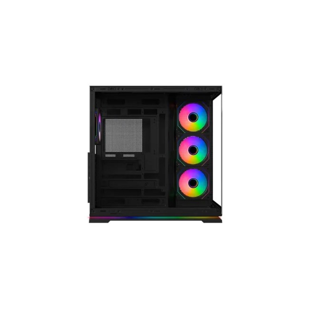 Czarna obudowa komputera z trzema świecącymi wentylatorami RGB z przodu i wbudowanym oświetleniem na dole.