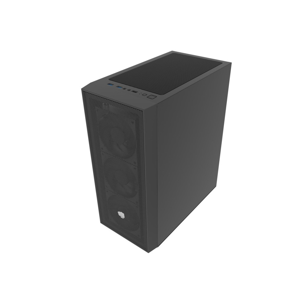 Czarna obudowa komputera z siatkowym przodem i portami USB u góry.